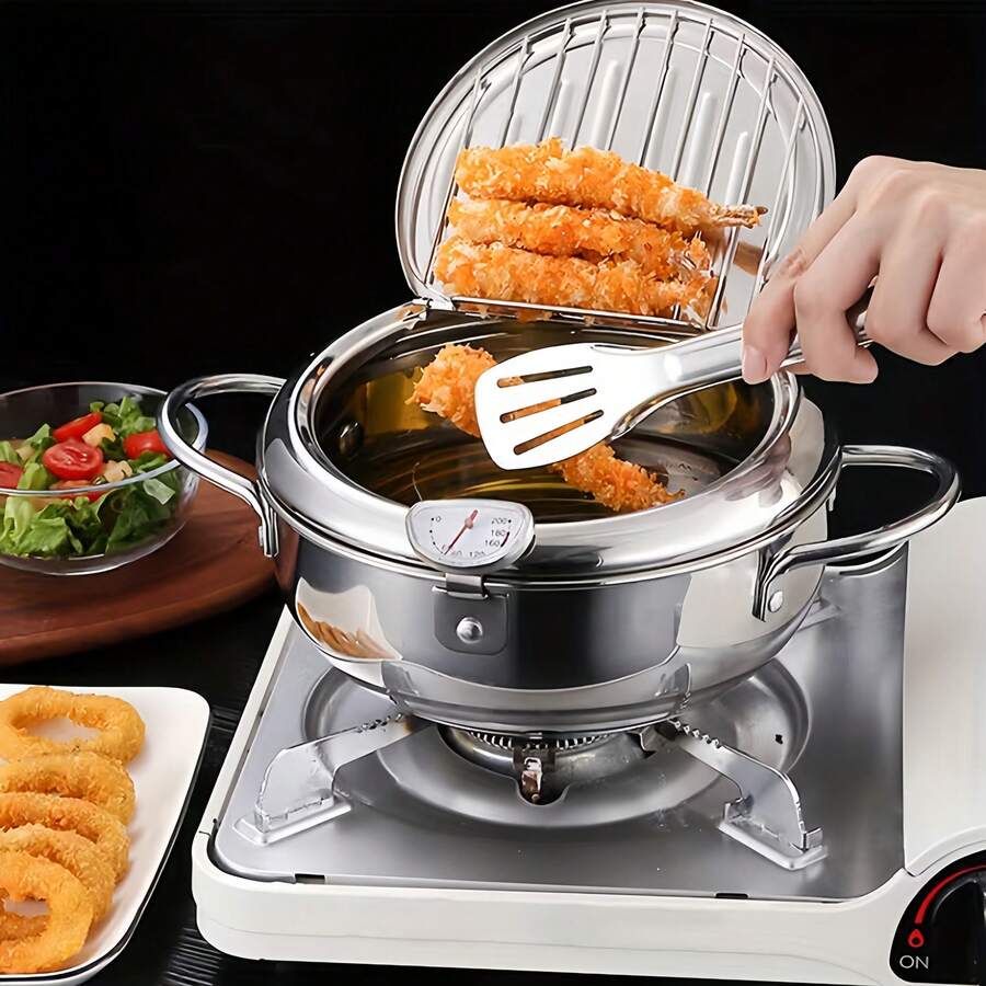 1PC Deep Fryer, 304 Stainless Steel With Lid, Temperature Control And Oil Drip Rack, Used For Frying French Fries And Chicken, Christmas And New Year Gifts - View 1