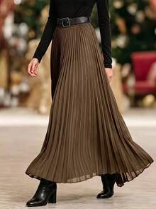 Elegant Women's Solid Color Pleated Long Skirt, Asymmetrical A-Line Design, Versatile For All Seasons, Suitable For Weddings, Office Commute, Evening Parties, Showcases Elegant Elegant And Flattering Silhouette - Coffee Brown - View 4