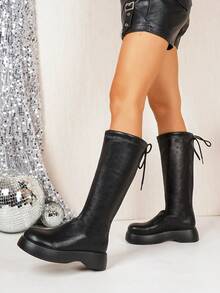 Women's Round Toe Elastic High Shaft Riding Boots, Wavy Thick Sole Knee-High Long Boots, Vintage Slimming Fashion Boots - Black - View 4