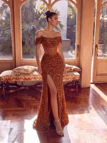 ADYCE Elegant Off Shoulder Long Prom Dress Sheer Fishbone High Waist Slit Backless Tie Up Maxi Formal Bridesmaid Dress Evening Date Night Fall Christmas - Burnt Orange - View 3