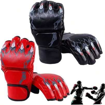 A Pair Of Adult Half-Finger MMA Boxing Training Gloves, Suitable For Sanda, Muay Thai, MMA And Other Sports. White, Red, Black