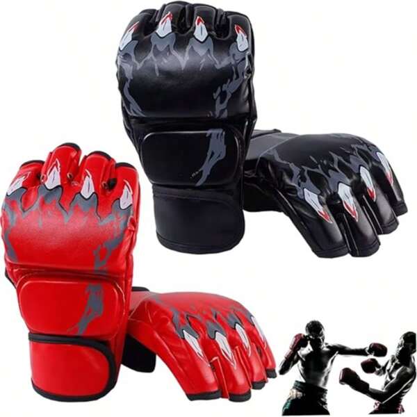 A Pair Of Adult Half-Finger MMA Boxing Training Gloves, Suitable For Sanda, Muay Thai, MMA And Other Sports. White, Red, Black
