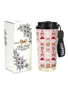 1pc/5pcs 500ml Pink Christmas Dessert Travel Mug, Double-Wall Stainless Steel Insulated Cup, Christmas Hat, Candy Cane, Cookie And Bow Holiday Print Design, Portable Coffee Cup With COFFEE Printed Lanyard, Suitable For Daily Commute - Pink - Christmas Hat Cookies - View 3