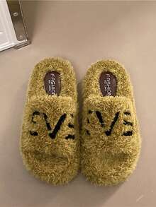 Women Letter Embroidery Open Toe Fluffy Slip On Slippers - Green - View 5