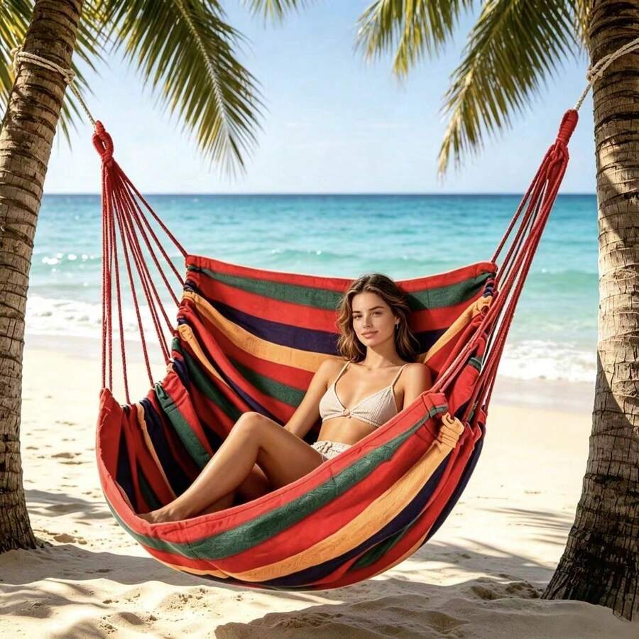 1PC Hanging Chair, Striped Design, Novel And Eye-Catching Color, Patio Hanging Chair, White Hanging Chair, Park Hanging Swing Chair, Balcony Garden Relaxation Hanging Chair - Multicolor - View 1