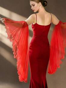 1 Pair Women Red Sheer Tulle Bridal Sleeves Detachable Long Ruffle Bell Arm Covers Fairycore Costume For Wedding Party Cosplay Photoshoot - Red - View 2