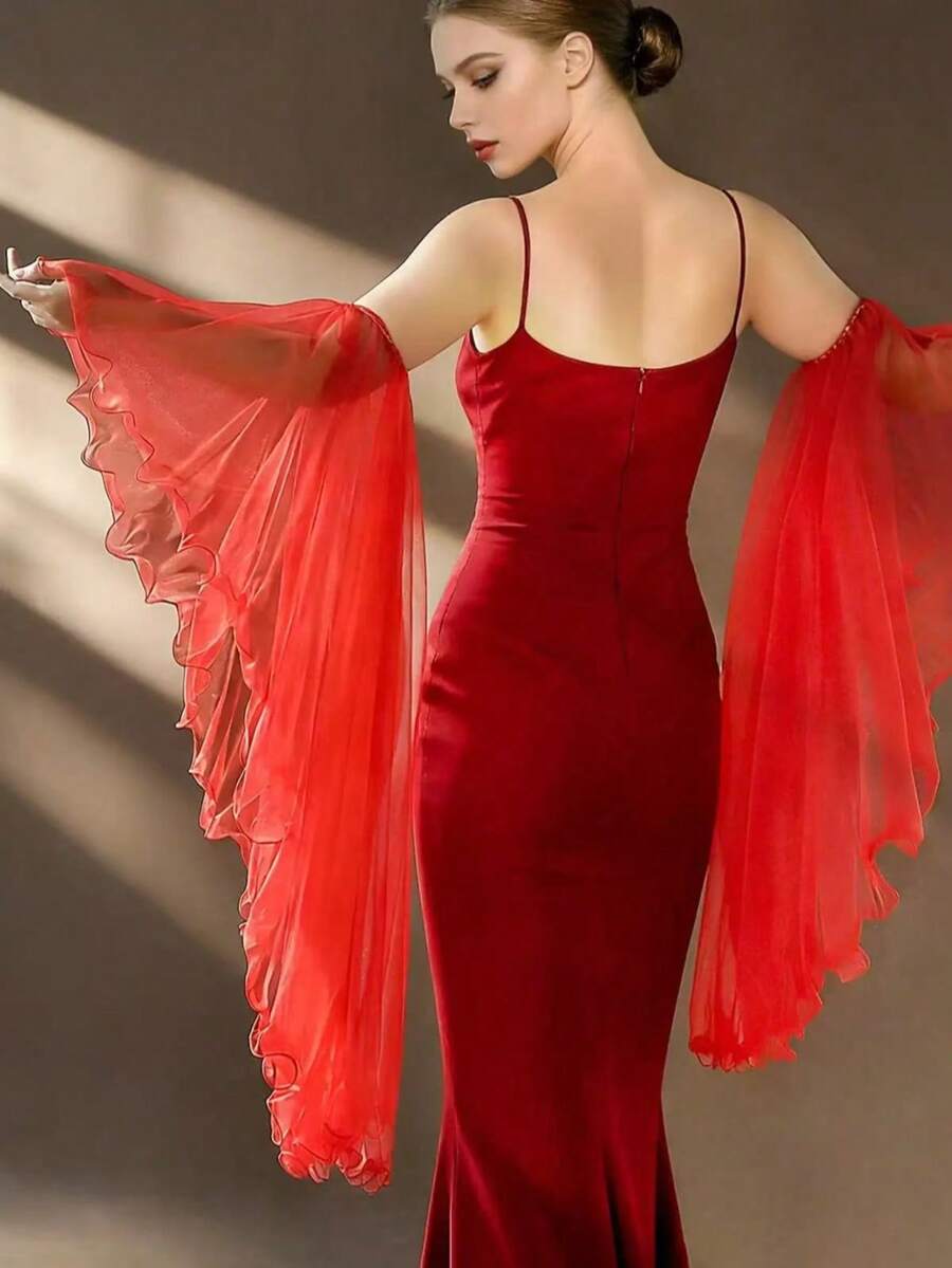 1 Pair Women Red Sheer Tulle Bridal Sleeves Detachable Long Ruffle Bell Arm Covers Fairycore Costume For Wedding Party Cosplay Photoshoot