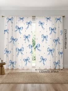 2Pcs Blue Watercolor Bow & Star Print Curtains, Fresh Artistic Pattern, Living Room Bedroom Home Decor Hanging Curtains - Baby Blue - View 16
