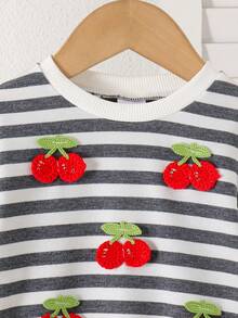 2pcs Baby Girl Cute Casual 3D Cherry Striped Long Sleeve Sweatshirt & Wide Leg Pants Set, Thin Spring/Autumn - Grey - View 3