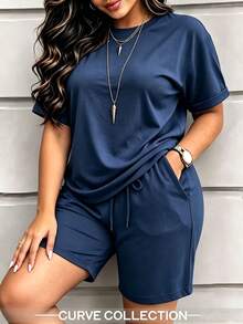 Spring/Summer/Autumn Plus Size Women's Solid Color Short Sleeve Vintage Round Neck T-Shirt & Elastic Waist Drawstring Shorts, Minimalist Sporty Casual Knit 2 Pieces Set, Elegant Relaxed Vacation & Home Wear, PJ-Style Outfit, Suitable For Outdoor, Sports, Workout, Running, Beach, Home And More - Dark Blue 46 - View 2