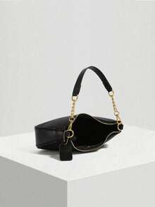 新款經典百搭字母印花純色PU防水半月形腋下包，單肩斜挎購物包（臘腸狗吊飾） - 黑色 - 查看 6