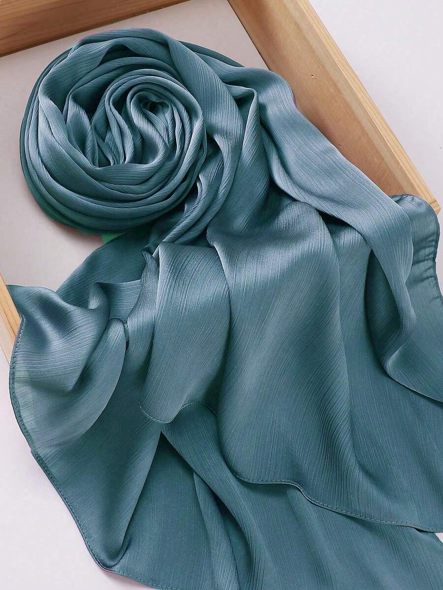 1pc Modest Crinkled Satin Hijab, Solid Color Muslim Headscarf - Teal Blue - View 1