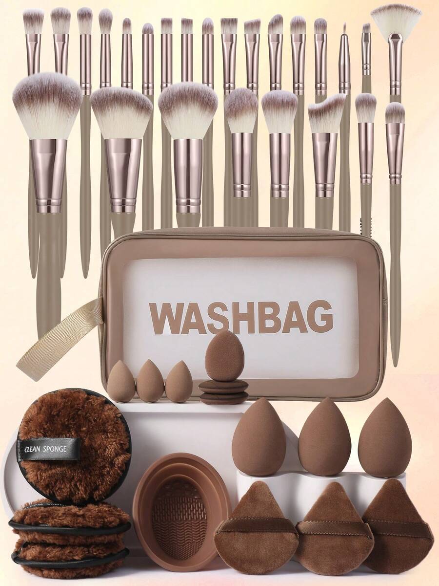 42/1pc All‑In‑One Makeup Tools Set,25Pcs Makeup Brushes,6Pcs Makeup Sponges,3Pcs Mini Air Cushion Powder Puffs,3Pcs Facial Cleansing Puffs,3Pcs Triangle Powder Puffs,1Pc Brush Cleaning Bowl & Transparent Washbag - Multicolor - View 1