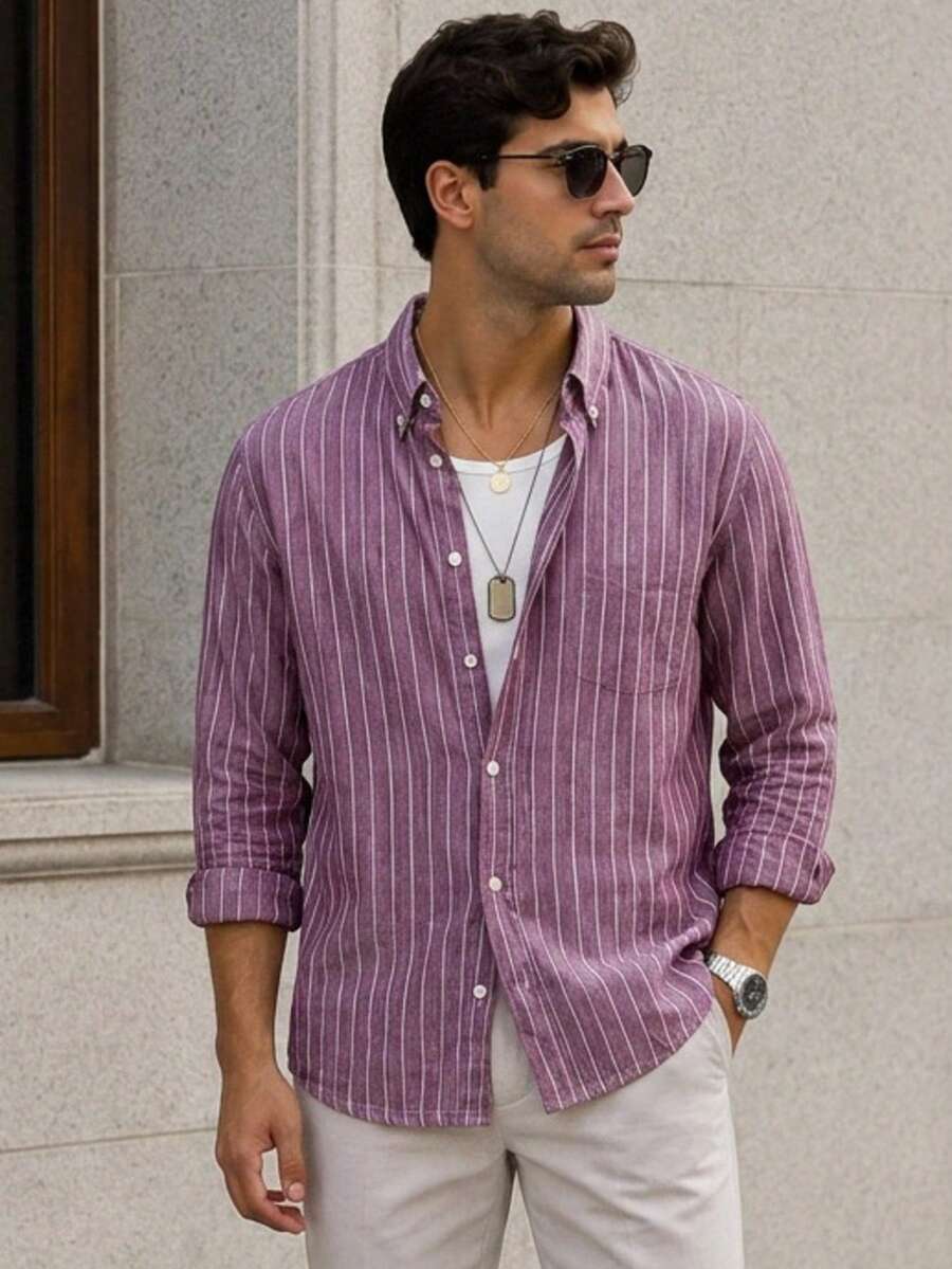 Men's Slim-Fit Striped Casual Long-Sleeve Button-Up Shirt - Soft Textured Cotton-Linen Blend Breathable Shirt For Modern Smart-Casual & Everyday Wear