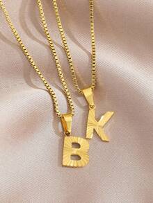 1pc Gold Tone A-Z Initial Letter Pendant Necklace Textured Box Chain Y2K Jewelry For Girls Boys Daily Wear School Party Vacation Style - Gold - View 4