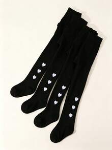 4 Pairs Of Black Heart-Patterned, Skin-Friendly, Warm, Thickened Thigh-High Tights For Baby Girls-Perfect For Everyday School Wear, Fall/Winter Style - Multicolor - View 3