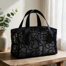1pc Black Minimalist Fashion Makeup Storage Bag, Flocked Heart-Shaped Breathable Mesh Material Cosmetic Bag, Convenient Dual Handle Toiletry Bag, Beach Bag, Suitable For Travel And Outdoor Use - Black - View 1