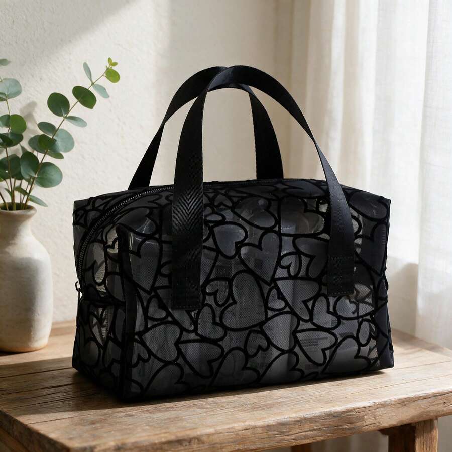 1pc Black Minimalist Fashion Makeup Storage Bag, Flocked Heart-Shaped Breathable Mesh Material Cosmetic Bag, Convenient Dual Handle Toiletry Bag, Beach Bag, Suitable For Travel And Outdoor Use - Black - View 1