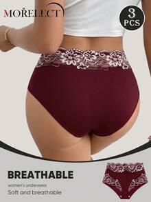 Morelect 3 buah celana dalam wanita model mid-high waist dengan detail renda dan patchwork, nyaman, lembut, dan bernapas. - MultiWarna - View 3