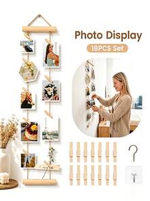 18pcs Wall Hanging Photo Display Set/Natural Wood Photo Wall Hanging Rope/Wooden Hemp Rope Decorative Photo Clips/Hanging Photo Clips Frame/Includes 1 Hanging Display Rack + 15 Photo Clips + 1 Adhesive Hook + 1 Metal Hook - Multiple Styles - View 3