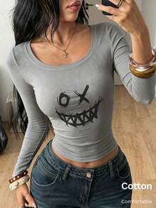 Autumn Black  Print Y2K Women's Fitted Long Sleeve Crew Neck Cotton Tee - Grey - View 1