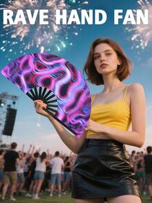 1pc UV Large Carnival Hand Fan, Bamboo Frame, Suitable For Dance, Music Festival, Party, Performance And Gift - Streamer - View 2