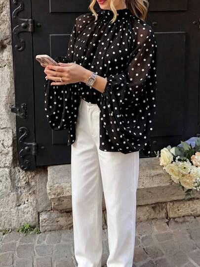 Plus Size Women's Chiffon Polka Dot Print Elegant Commute Stand Collar Lantern Sleeve Long Sleeve Blouse, Suitable For Evening Date, Vacation, Office, Holiday, Date, Travel, Tea Party, Airport, Brunch