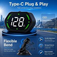 YNF Car GPS HUD Speedometer, GPS Beidou Digital Speedometer, Speedometer Real-Time 10Hz, Dengan Sensor Cahaya Otomatis, Kompas, Plug and Play Type-C, Braket Hisap yang Dapat Diatur, Cocok Untuk Mobil SUV Truk, + Plat Nomor - G22 - View 7