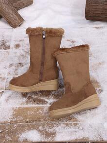 Children's Simple Colorblock Thermal Lined Warm Outdoor Snow Boots Mid-Calf, Comfortable And Warm - Brown - View 7
