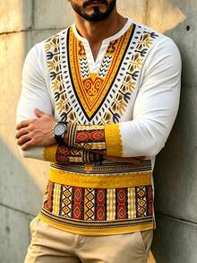 Men's Traditional African Pattern Print Sublimation Long Sleeve V-Neck T-Shirt, Spring/Autumn Shirt - Multicolor - View 3