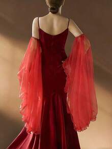 1 Pair Women Red Sheer Tulle Bridal Sleeves Detachable Long Ruffle Bell Arm Covers Fairycore Costume For Wedding Party Cosplay Photoshoot - Red - View 3