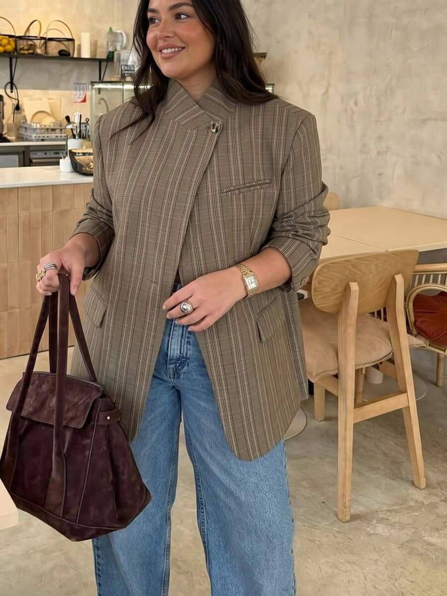 Women's Autumn/Winter New Plaid Asymmetric Casual Blazer, Vintage Design, Elegant - Maroon - View 1