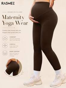 Pantalones de yoga de maternidad sin costuras de alta elasticidad para mujer, leggings de fitness transpirables y suaves con soporte abdominal - Marrón - Ver 2