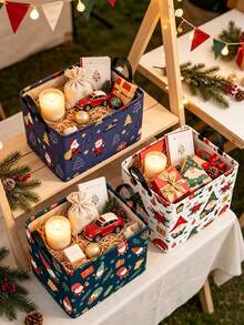 1PCFestive Christmas Style Square Storage Basket With Gnome Xmas Print& Reinforced Handle Detail,Foldable For Space‑Saving Organization,Household Sundries Storage Bin,Desktop Organizer Container,Suitable For Christmas Winter Bedroom Home Use - Multicolor - View 1