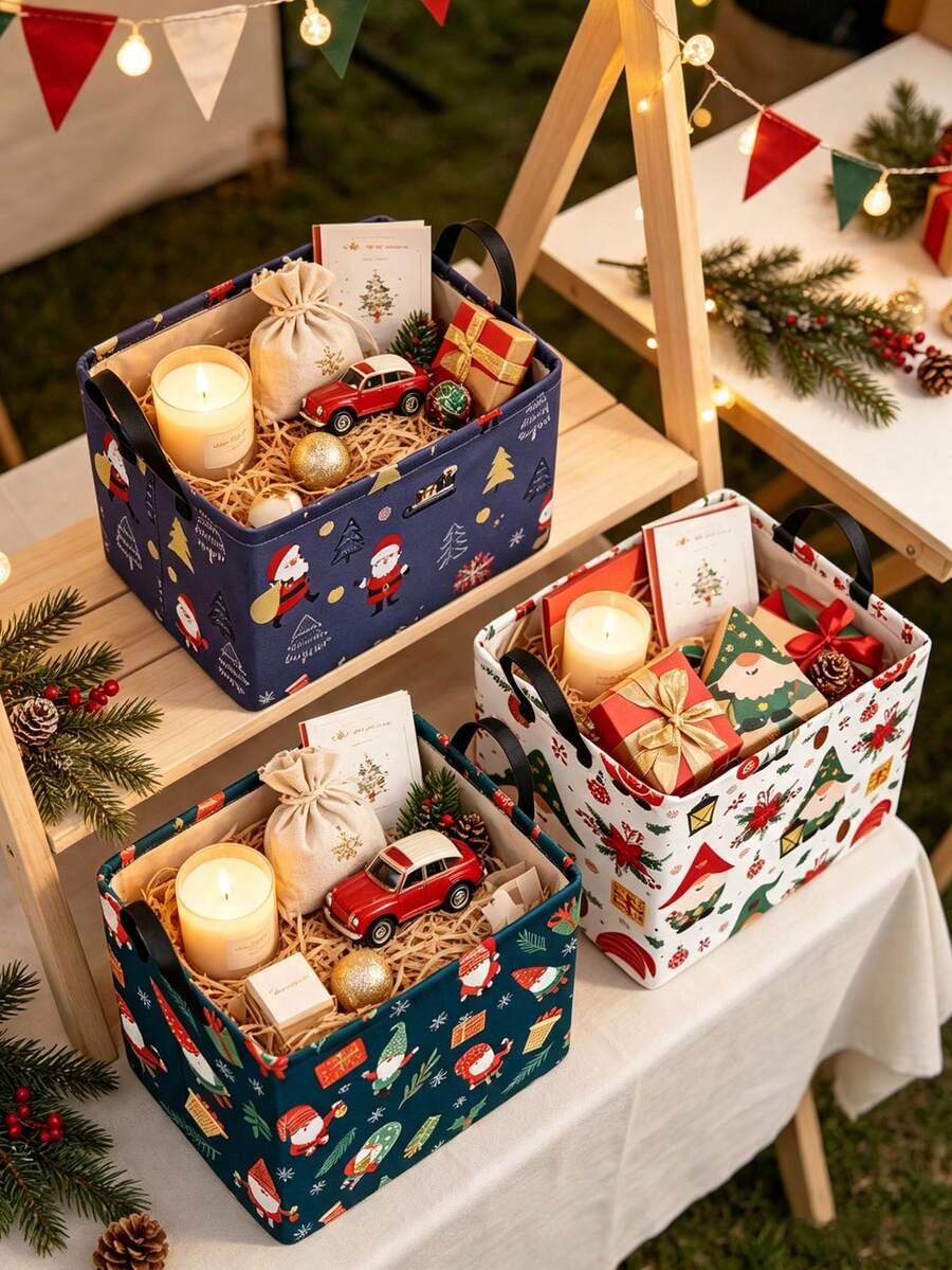 1PCFestive Christmas Style Square Storage Basket With Gnome Xmas Print& Reinforced Handle Detail,Foldable For Space‑Saving Organization,Household Sundries Storage Bin,Desktop Organizer Container,Suitable For Christmas Winter Bedroom Home Use - Multicolor - View 1