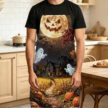 1pc Halloween Pumpkin Full Moon & Ghost Print Apron, Featuring Smiling Pumpkin Moon, Ghost & Cozy Cabin, Cornfield Pattern, Durable Cooking Apron Suitable For Bakers, Cake Decorators, Party Planners, Painters, Nail Artists - Personalized Gift For Home & Professional Chefs - Multicolor - View 5