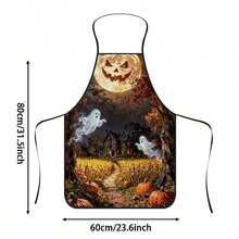 1pc Halloween Pumpkin Full Moon & Ghost Print Apron, Featuring Smiling Pumpkin Moon, Ghost & Cozy Cabin, Cornfield Pattern, Durable Cooking Apron Suitable For Bakers, Cake Decorators, Party Planners, Painters, Nail Artists - Personalized Gift For Home & Professional Chefs - Multicolor - View 13