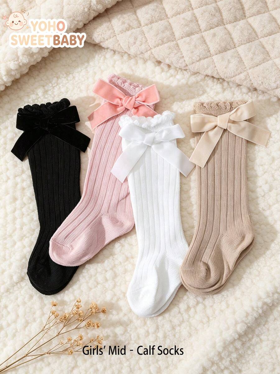 4双女婴甜美可爱纯色蝴蝶结泡泡嘴高筒袜，适合日常穿着