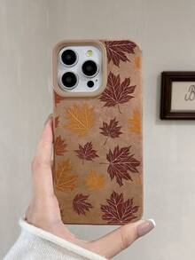 1pc Vintage Autumn Maple Leaf Faux Suede Brown Skin-Friendly Phone Case Covers, Girls Autumn Thanksgiving Faux Leather TPU Soft Shell Full Coverage Anti-Drop Compatible With IPhone18 Pro 18 ProMax 17 16 15 14 Pro Max Fast Shipping - Brown - View 3