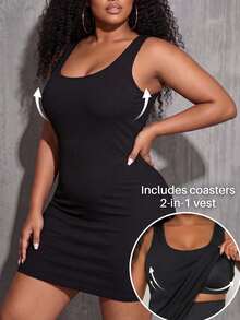 1pc Plus Size Ribbed Longline Tank Top, 2-In-1 Built-In Padded Cups, Solid Color, Versatile, Comfortable, Minimalist, Slimming, Casual Sports Outerwear Vest, Autumn/Winter - Black - View 1