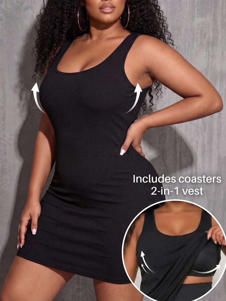 1pc Plus Size Ribbed Longline Tank Top, 2-In-1 Built-In Padded Cups, Solid Color, Versatile, Comfortable, Minimalist, Slimming, Casual Sports Outerwear Vest, Autumn/Winter - Black - View 1