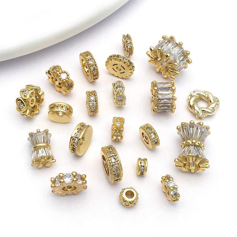 2pcs 18K Gold-Plated Cubic Zirconia Spacer Beads Rhinestone Round Flat Heart Twist Metal Spacers For DIY Bracelet Necklace Jewelry Making Findings