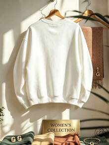 Women's Crew Neck Sweatshirt, Travel Pullover, Cotton Top, Women's Autumn/Winter Basic Sweatshirt - White - View 2