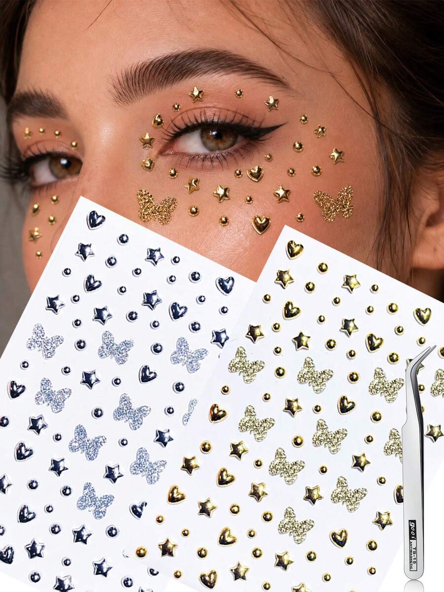 2Sheets Butterfly Heart Face Gem Stickers, Stage Makeup, Facial Accessories, Eye Makeup, Concerts, Y2K, Halloween, Christmas Face Gems Decorative Stickers - Multicolor - View 1
