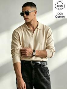 WAIT HIM Sweater Polo Kerah Polo Warna Polos Kasual Pria 100% Katun Ramah Kulit - Aprikot - View 4