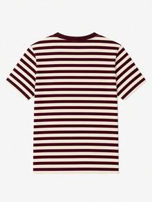 經典條紋 Y2K 百搭夏季女款休閒圓領短袖簡約 T-shirt，適合度假、海灘穿著 - 酒紅色 - 查看 4