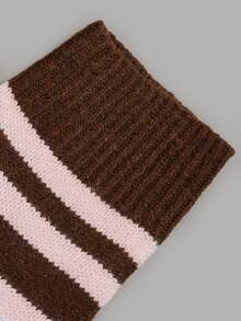 Women Autumn Vertical Striped Knit Cardigan Round Neck Single‑Button Short Fitted Jacket Back To School Festival Daily Tops - Brown - View 5