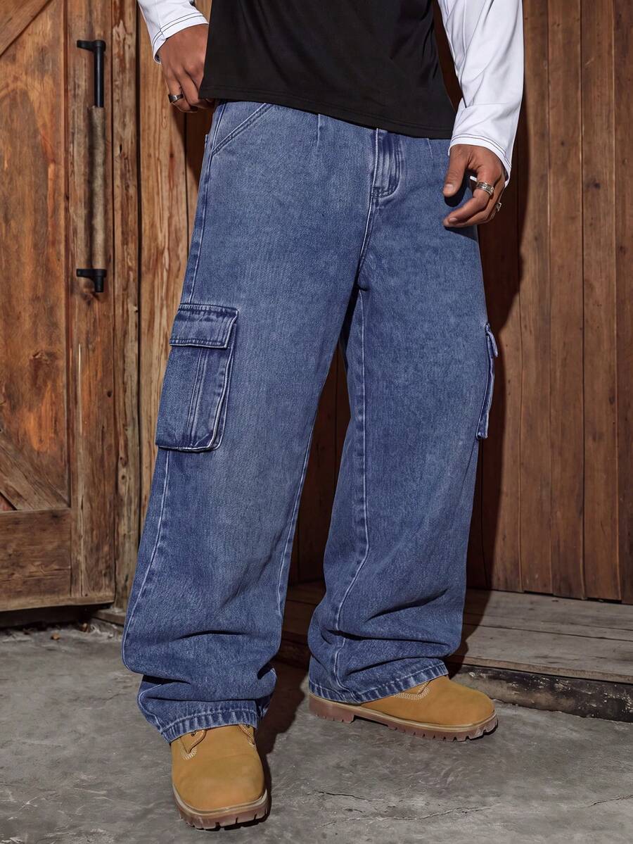 Men's Streetwear Style Multi-Pocket Cargo Jeans, Dual Side Pocket Design, Washed Blue Straight Leg Casual Commute Versatile Denim Cargo Pants - Blue - View 1