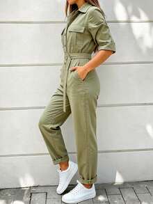 Women's Elegant Casual Solid Color Collared Long Sleeve Cinched Waist Waist Fashion Daily Jumpsuit - Olive Green - View 3