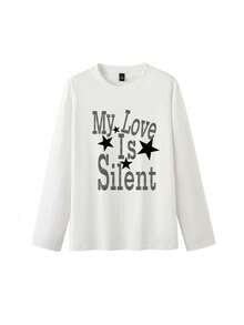 Women's Long Sleeve Crew Neck Star & Letter Print Pure Cotton T-Shirt, Suitable For Street Style And Autumn Daily Wear - White - View 9